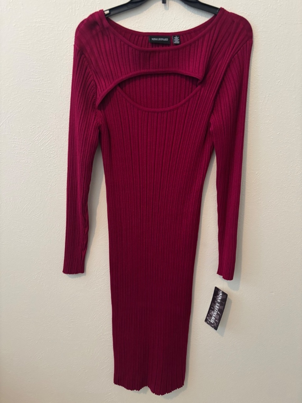 Nina Leonard Women's Ribbed Cutout Long Sleeve Sweater Dress, Sangria - Size L